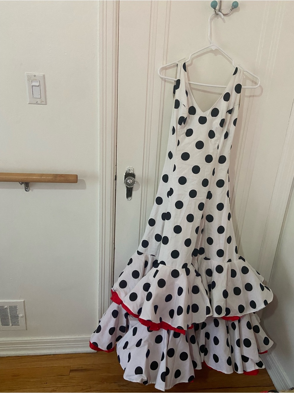 Vintage flamenco dress white with black polka dots with red trim